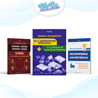 Combo 4: "Manual A-Z de operación y ganancias" + "Fórmula de reclutamiento y evaluación de personal" + "Reglas de liderazgo: recompensas y advertencias" + "10 indicadores que todo jefe debe controlar"